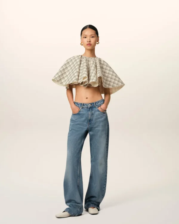 Cheap Beige Checked Wool Ruffled Top Women T-shirts & Tops