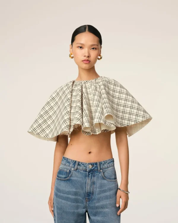 Cheap Beige Checked Wool Ruffled Top Women T-shirts & Tops