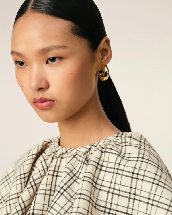 Cheap Beige Checked Wool Ruffled Top Women T-shirts & Tops