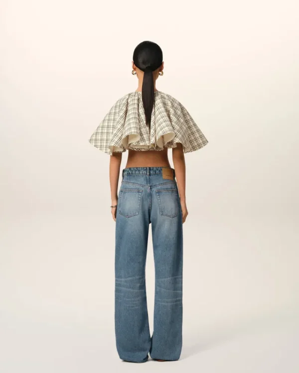 Cheap Beige Checked Wool Ruffled Top Women T-shirts & Tops