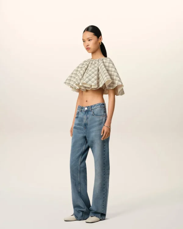 Cheap Beige Checked Wool Ruffled Top Women T-shirts & Tops