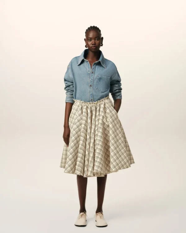 Flash Sale Beige Checked Wool Skirt With Godets Women Denim | Shorts & Skirts