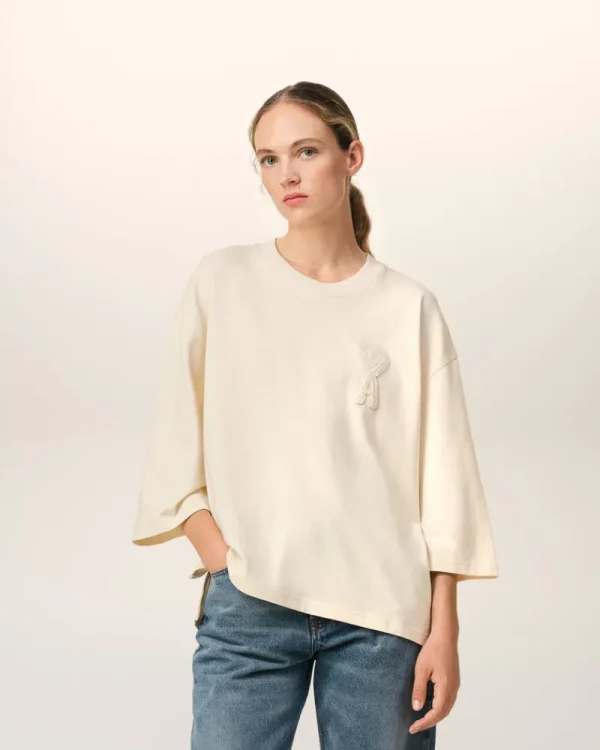 Store Beige Cotton Ami de Coeur Patch T-Shirt Women T-shirts & Tops | Ami De Coeur