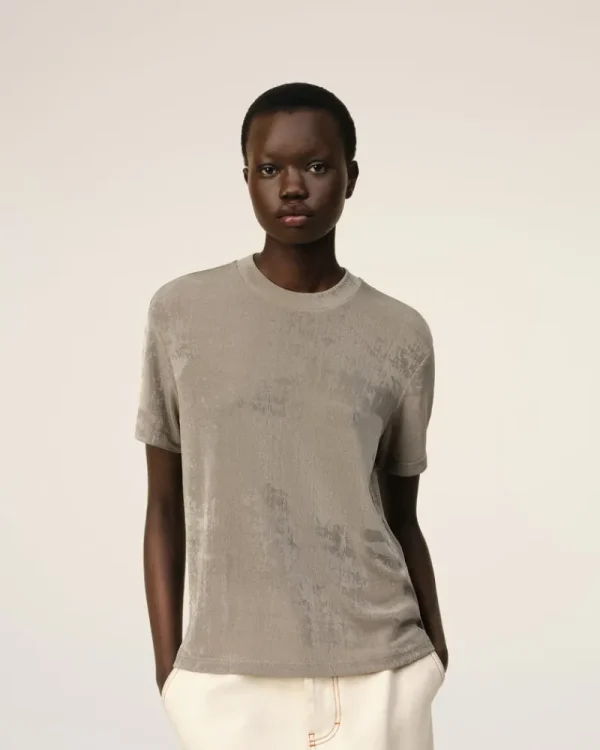 Hot Beige Shiny Jersey Short Sleeve T-Shirt Women T-shirts & Tops