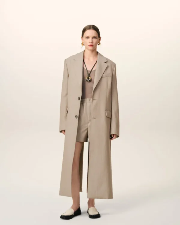 Discount Beige Wool Back Slit Long Coat Women Coats & Jackets