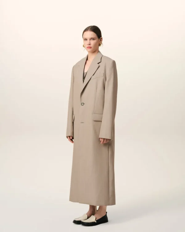 Discount Beige Wool Back Slit Long Coat Women Coats & Jackets