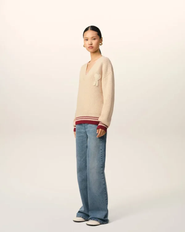 Clearance Beige Wool Ribbed V Neck Sweater Women Sweaters & Cardigans | Ami De Coeur
