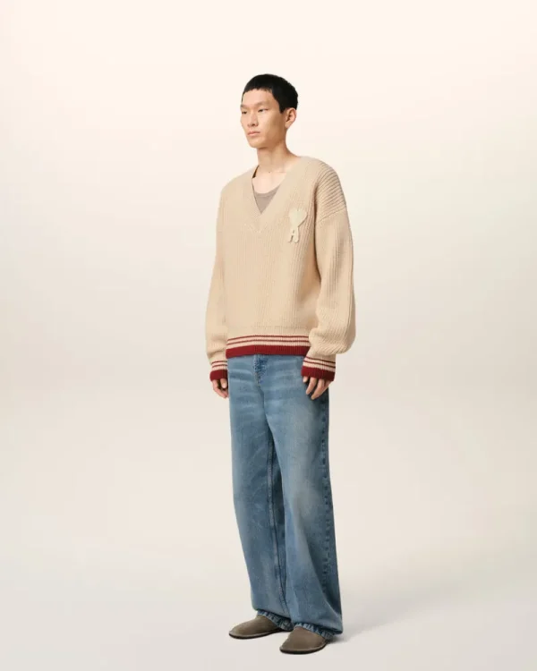 Clearance Beige Wool Ribbed V Neck Sweater Women Sweaters & Cardigans | Ami De Coeur