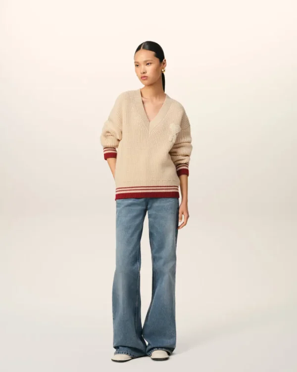 Clearance Beige Wool Ribbed V Neck Sweater Women Sweaters & Cardigans | Ami De Coeur