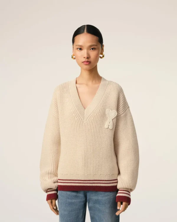 Clearance Beige Wool Ribbed V Neck Sweater Women Sweaters & Cardigans | Ami De Coeur