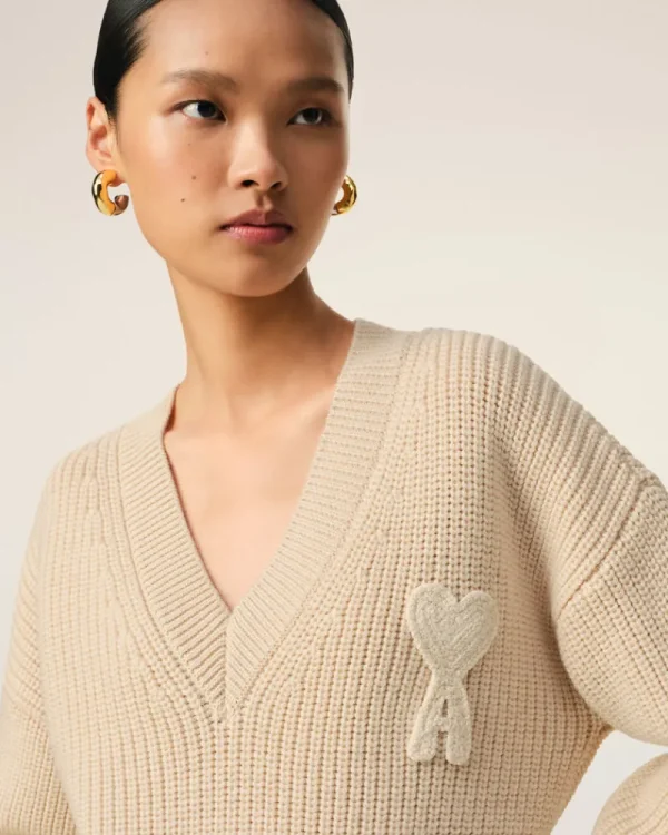 Clearance Beige Wool Ribbed V Neck Sweater Women Sweaters & Cardigans | Ami De Coeur