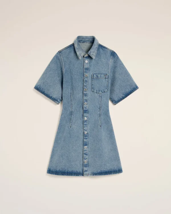 Best Blue Cotton Short Sleeve Shirt Dress Women Denim | Dresses & Jumpsuits