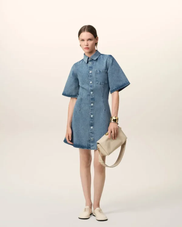 Best Blue Cotton Short Sleeve Shirt Dress Women Denim | Dresses & Jumpsuits