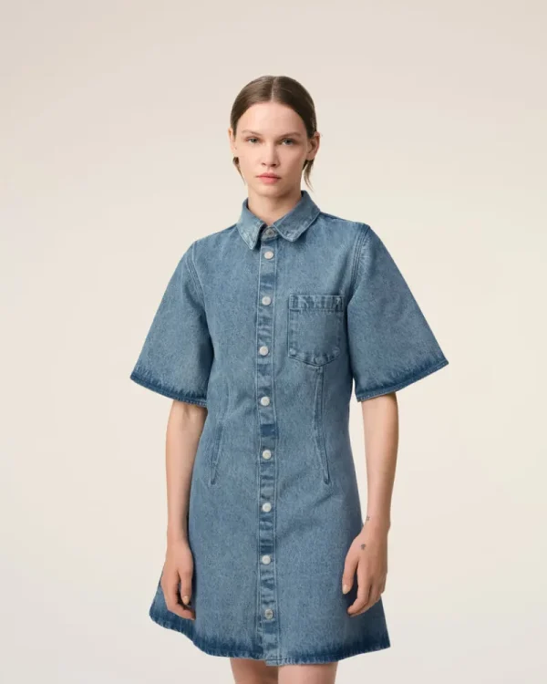 Best Blue Cotton Short Sleeve Shirt Dress Women Denim | Dresses & Jumpsuits