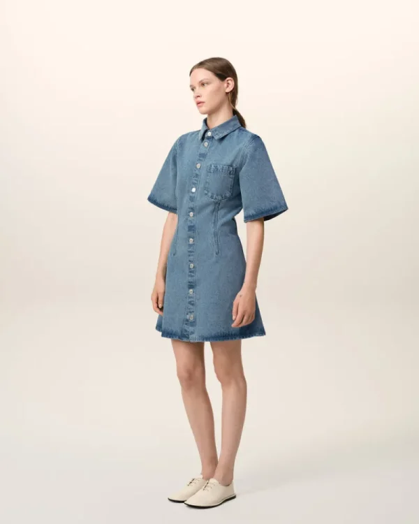 Best Blue Cotton Short Sleeve Shirt Dress Women Denim | Dresses & Jumpsuits