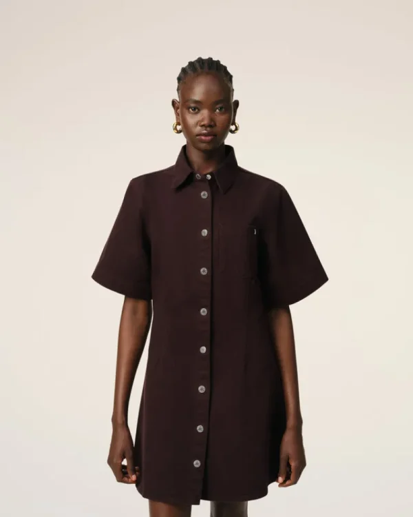Best Burgundy Cotton Short Sleeve Shirt Dress Women Denim | Dresses & Jumpsuits