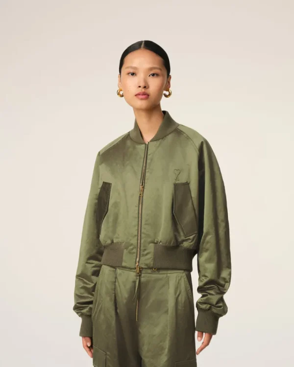 Best Sale Green Cotton Satin Ami de Coeur Bomber Women Coats & Jackets | Ami De Coeur