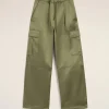 Hot Green Cotton Satin Zipped Cargo Trousers Women Trousers