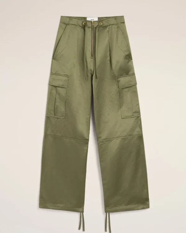 Hot Green Cotton Satin Zipped Cargo Trousers Women Trousers
