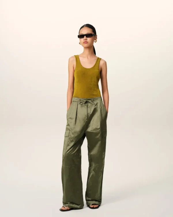Hot Green Cotton Satin Zipped Cargo Trousers Women Trousers