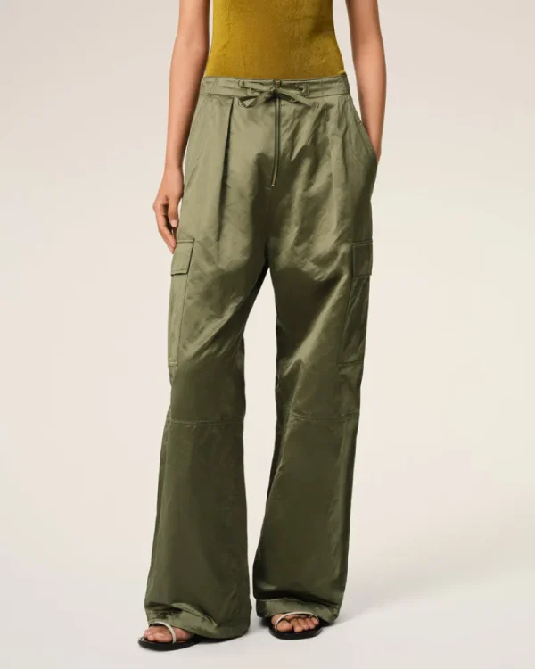 Hot Green Cotton Satin Zipped Cargo Trousers Women Trousers
