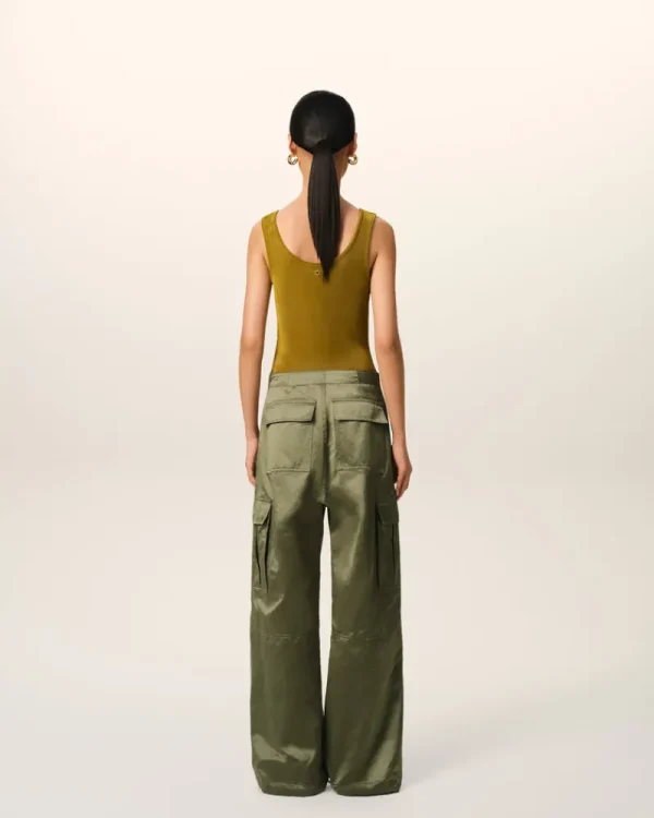 Hot Green Cotton Satin Zipped Cargo Trousers Women Trousers