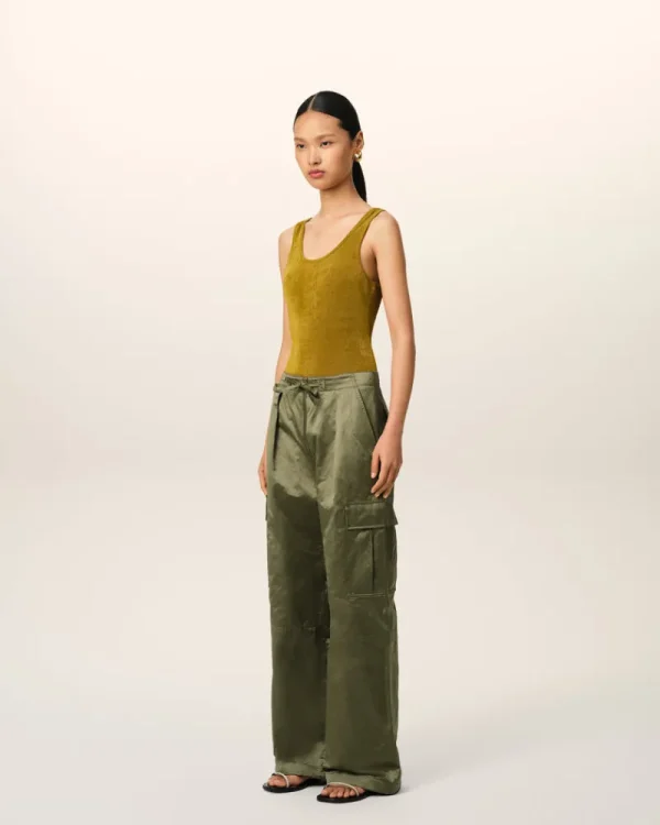 Hot Green Cotton Satin Zipped Cargo Trousers Women Trousers