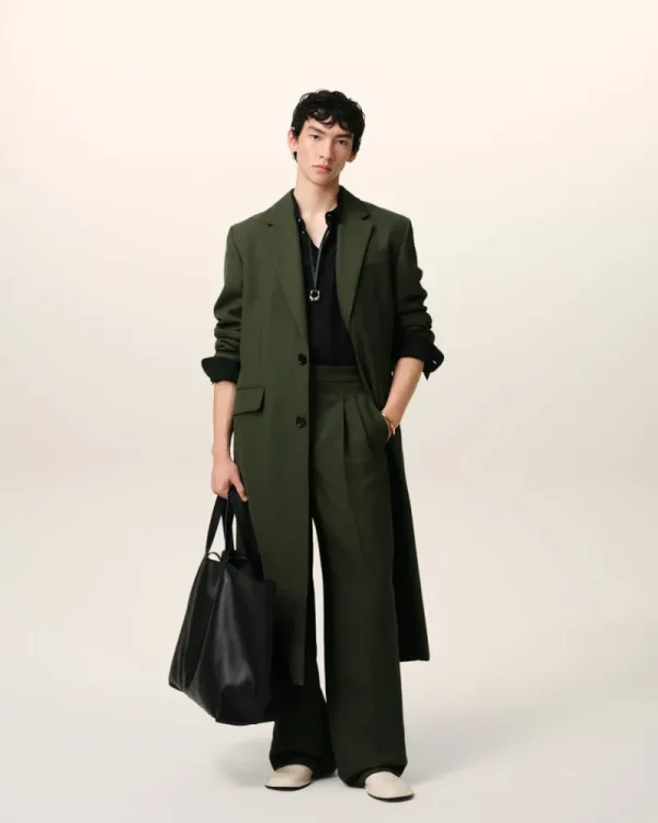 Store Green Wool Back Slit Long Coat Coats & Jackets