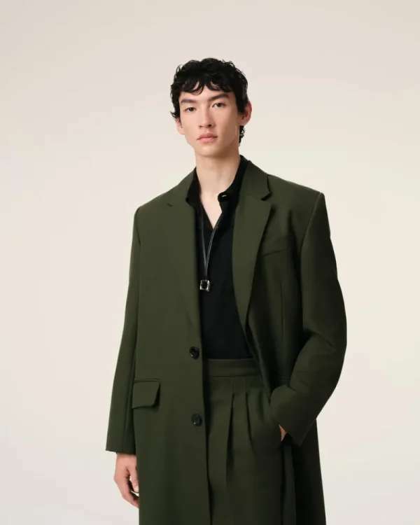 Store Green Wool Back Slit Long Coat Coats & Jackets
