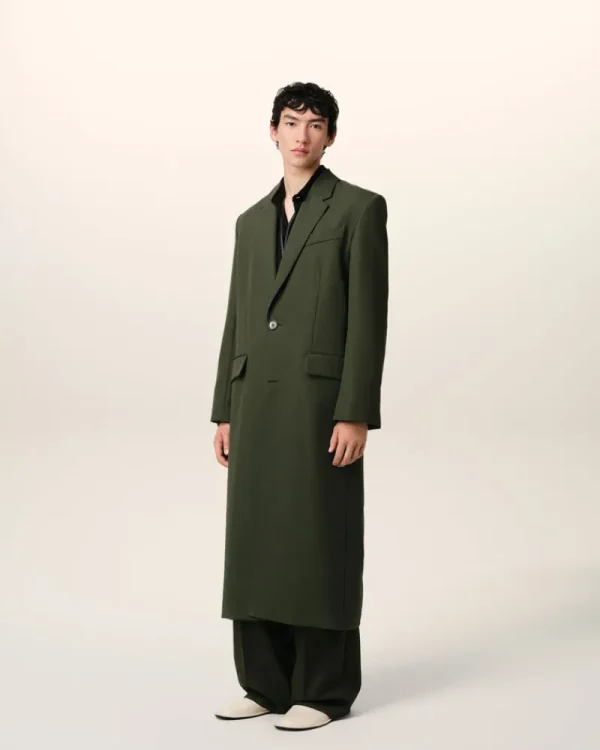 Store Green Wool Back Slit Long Coat Coats & Jackets