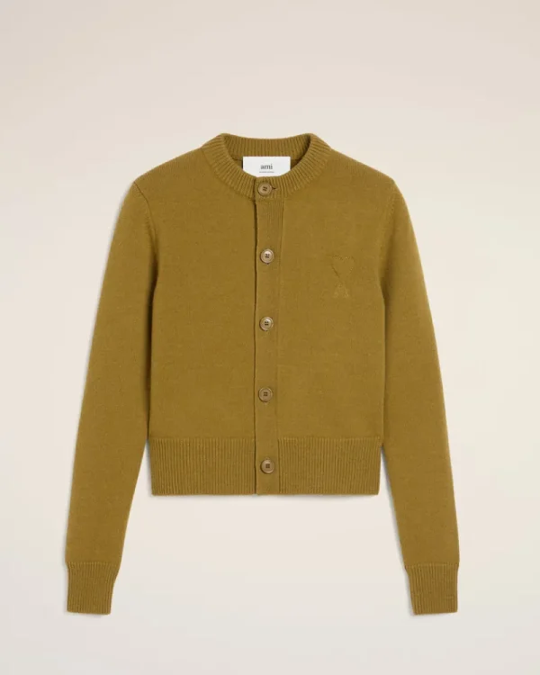 Online Khaki Wool Knit Ami de Coeur Crewneck Cardigan Women Sweaters & Cardigans | Ami De Coeur