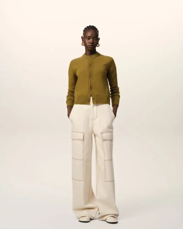 Online Khaki Wool Knit Ami de Coeur Crewneck Cardigan Women Sweaters & Cardigans | Ami De Coeur
