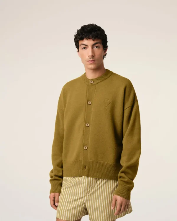 Cheap Khaki Wool Knit Ami de Coeur Crewneck Cardigan Sweaters & Cardigans | Ami De Coeur