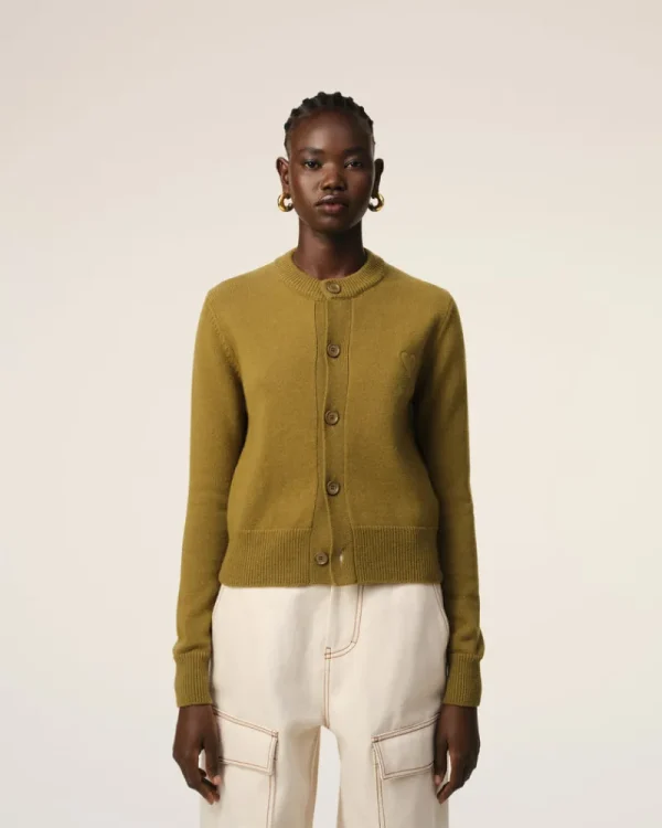 Online Khaki Wool Knit Ami de Coeur Crewneck Cardigan Women Sweaters & Cardigans | Ami De Coeur