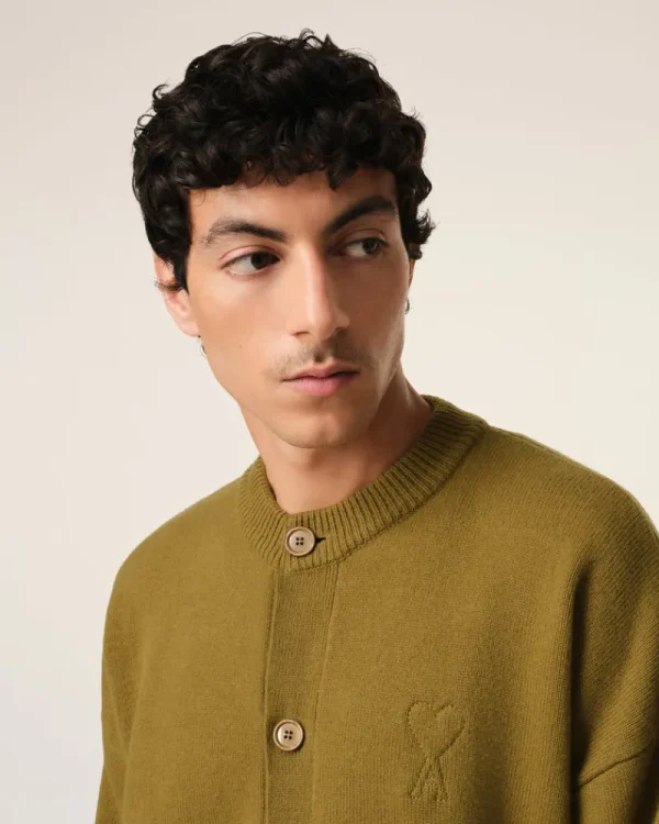 Cheap Khaki Wool Knit Ami de Coeur Crewneck Cardigan Sweaters & Cardigans | Ami De Coeur