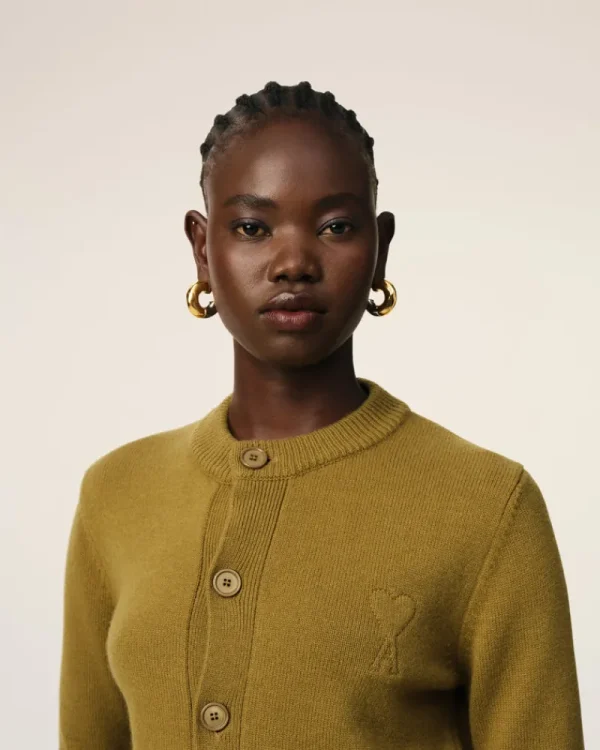 Online Khaki Wool Knit Ami de Coeur Crewneck Cardigan Women Sweaters & Cardigans | Ami De Coeur