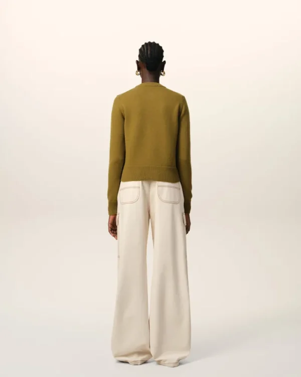Online Khaki Wool Knit Ami de Coeur Crewneck Cardigan Women Sweaters & Cardigans | Ami De Coeur