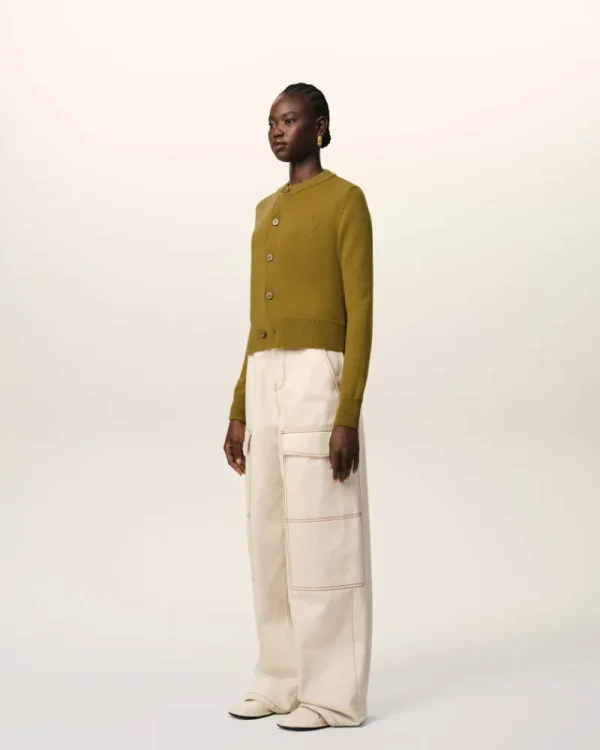 Online Khaki Wool Knit Ami de Coeur Crewneck Cardigan Women Sweaters & Cardigans | Ami De Coeur