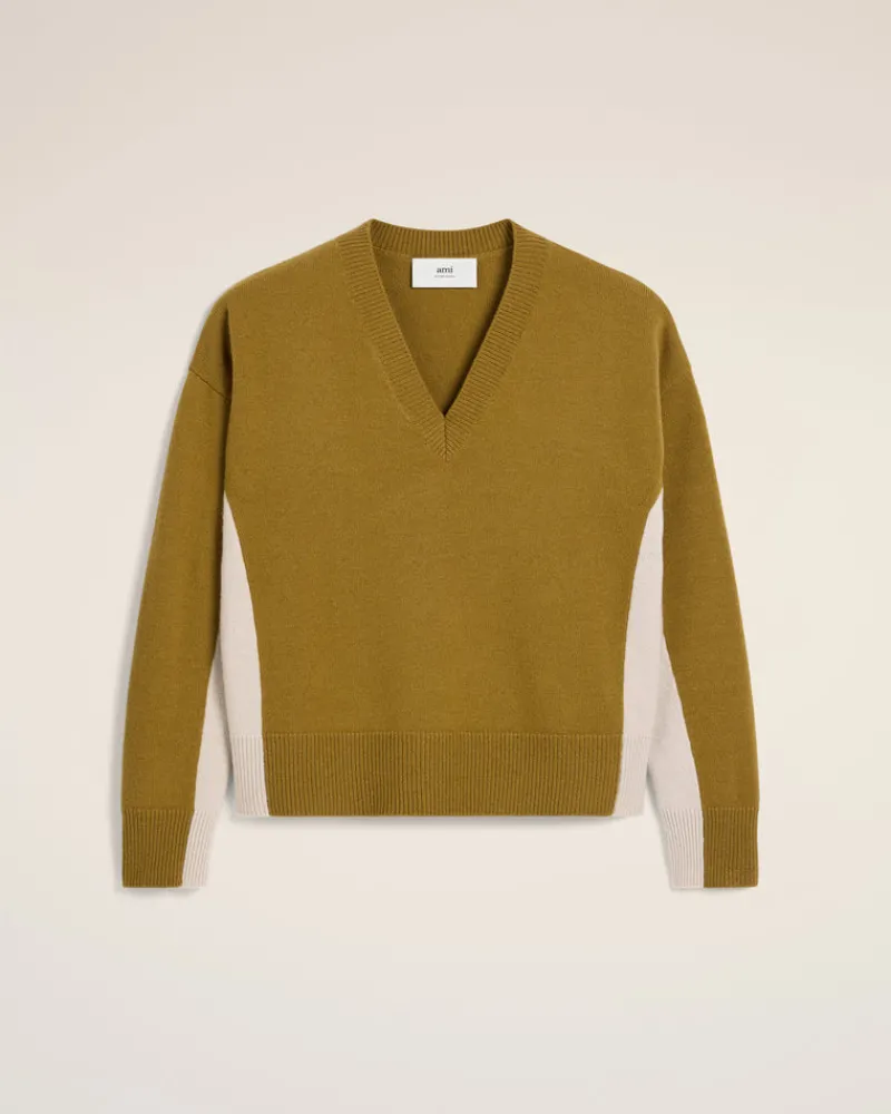 Best Sale Khaki Wool Knit Bicolor V Neck Sweater Sweaters & Cardigans | Ami De Coeur