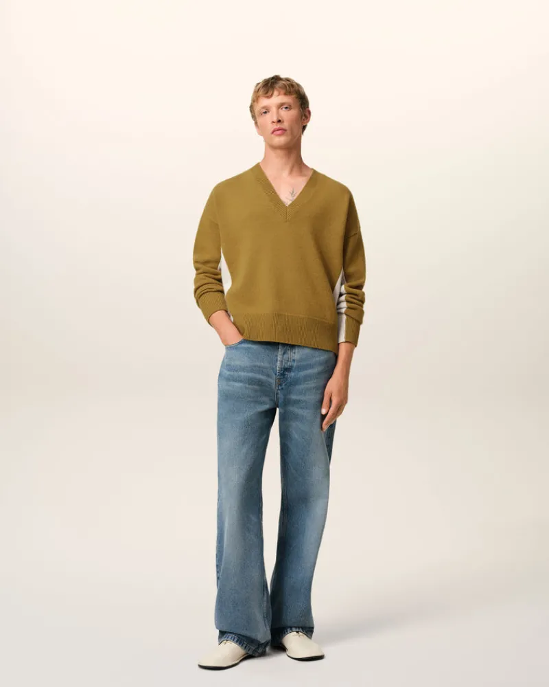 Best Sale Khaki Wool Knit Bicolor V Neck Sweater Sweaters & Cardigans | Ami De Coeur