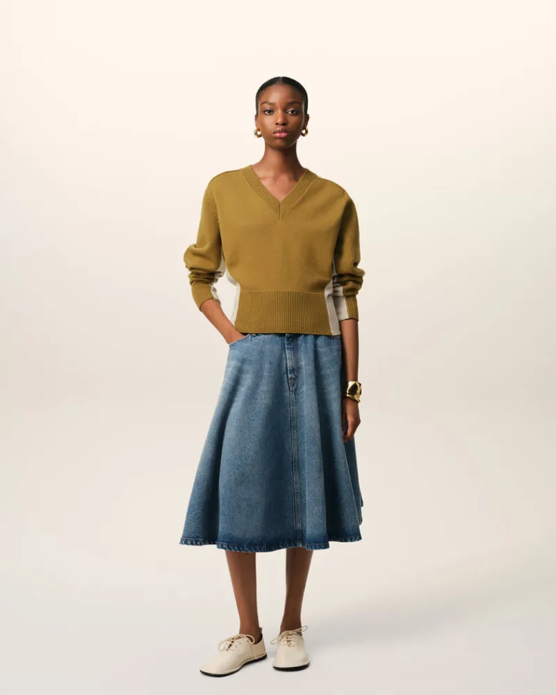 Sale Khaki Wool Knit Bicolor V Neck Sweater Women Sweaters & Cardigans | Ami De Coeur