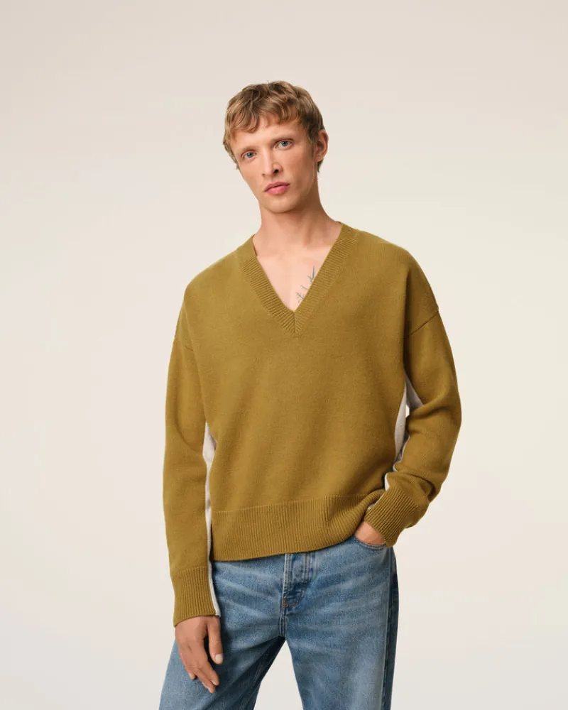 Best Sale Khaki Wool Knit Bicolor V Neck Sweater Sweaters & Cardigans | Ami De Coeur