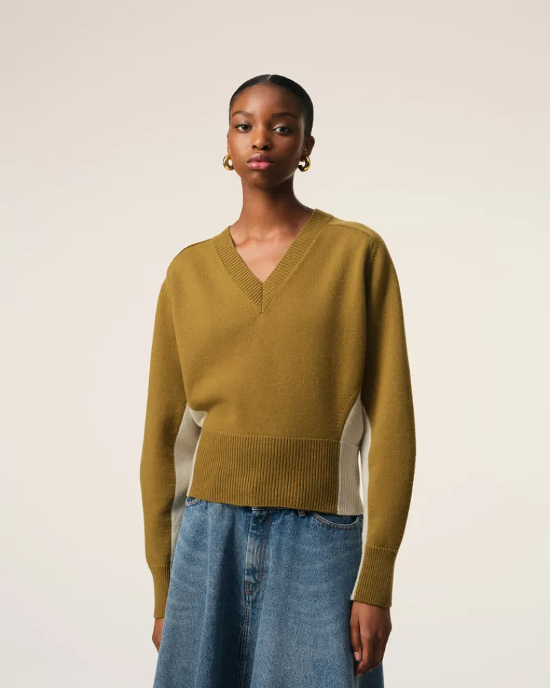 Sale Khaki Wool Knit Bicolor V Neck Sweater Women Sweaters & Cardigans | Ami De Coeur