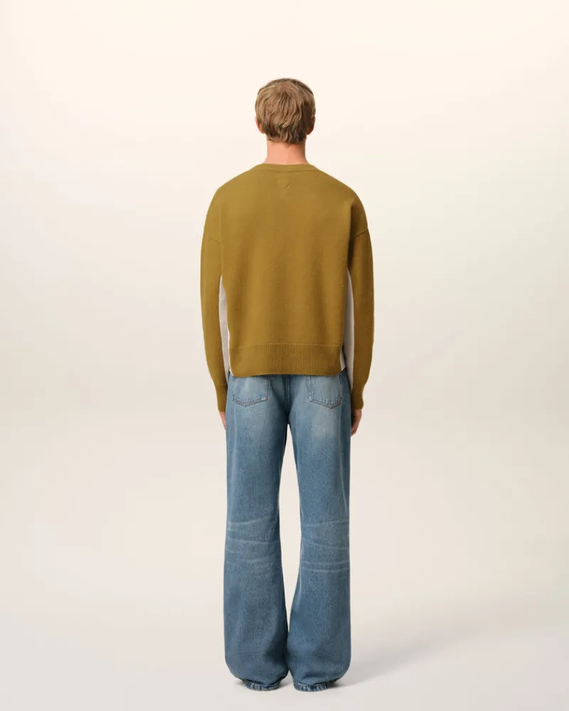 Best Sale Khaki Wool Knit Bicolor V Neck Sweater Sweaters & Cardigans | Ami De Coeur