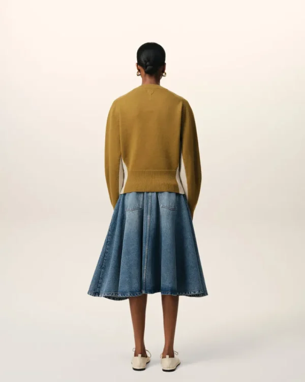 Sale Khaki Wool Knit Bicolor V Neck Sweater Women Sweaters & Cardigans | Ami De Coeur