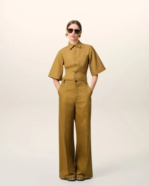 Cheap Mustard Cotton Baggy Fit Trousers Women Trousers