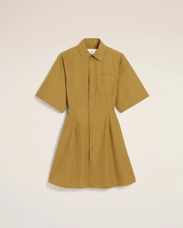 Flash Sale Mustard Cotton Short Sleeve Shirt Dress Women Dresses & Jumpsuits