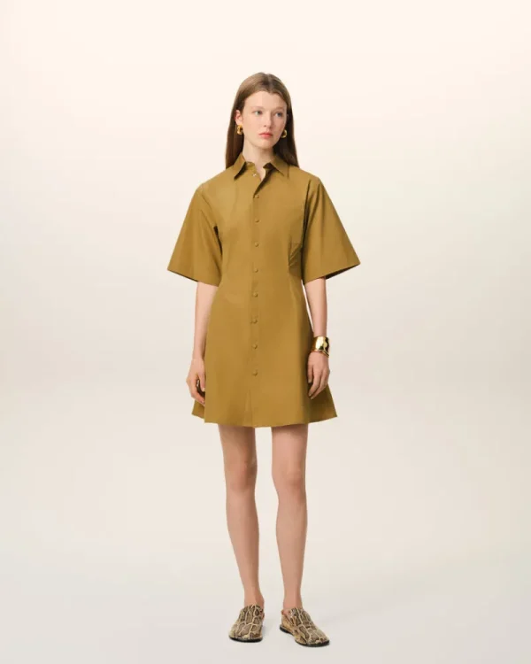 Flash Sale Mustard Cotton Short Sleeve Shirt Dress Women Dresses & Jumpsuits