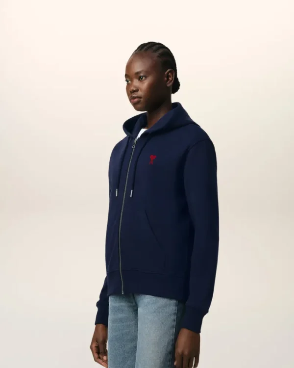 Sale Navy Cotton Ami de Coeur Zipped Hoodie Women Sweatshirts & Hoodies | Ami De Coeur