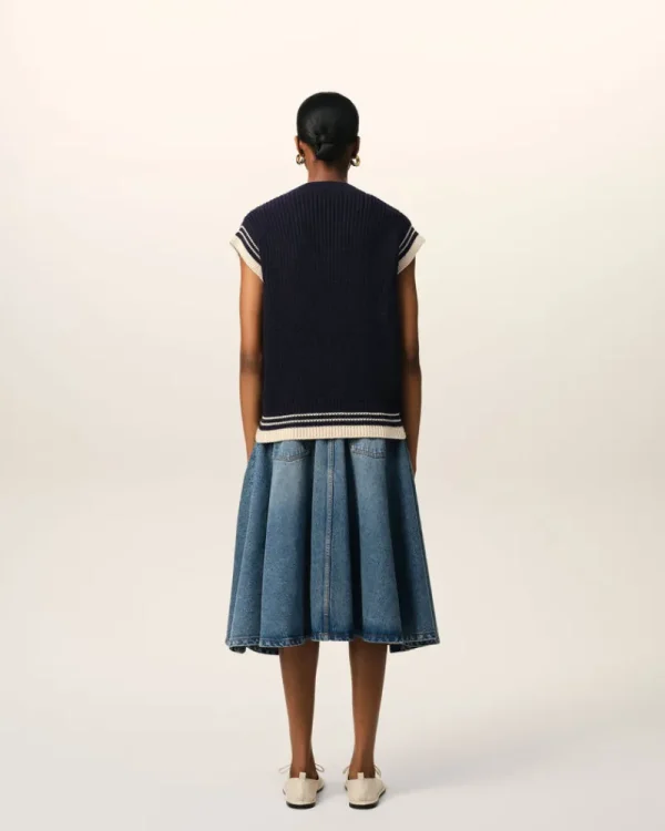New Navy Wool Ribbed Sleeveless V Neck Sweater Women Sweaters & Cardigans | Ami De Coeur